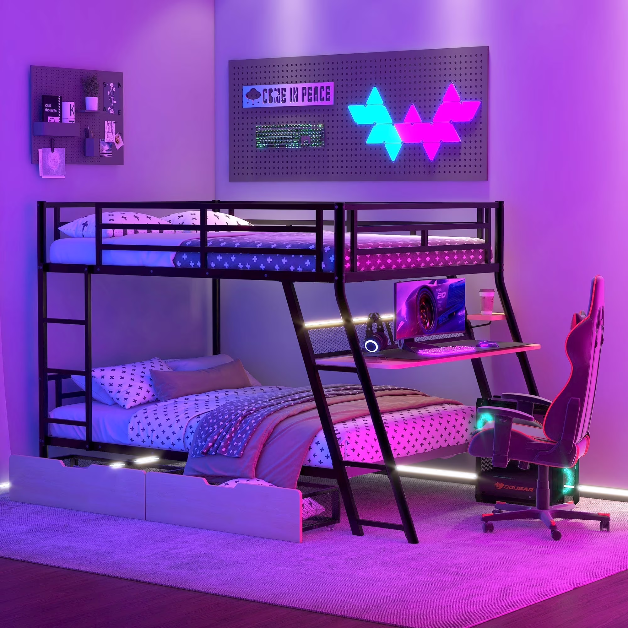 Kumix Gaming Bunk Bed with Desk, LED Light, Full over Full Bunk Bed with 2 Drawers, Ladder and Full Length Guardrail for Teens and Adults, Metal Full Size Bunk Bed Frame for Bedroom, Black