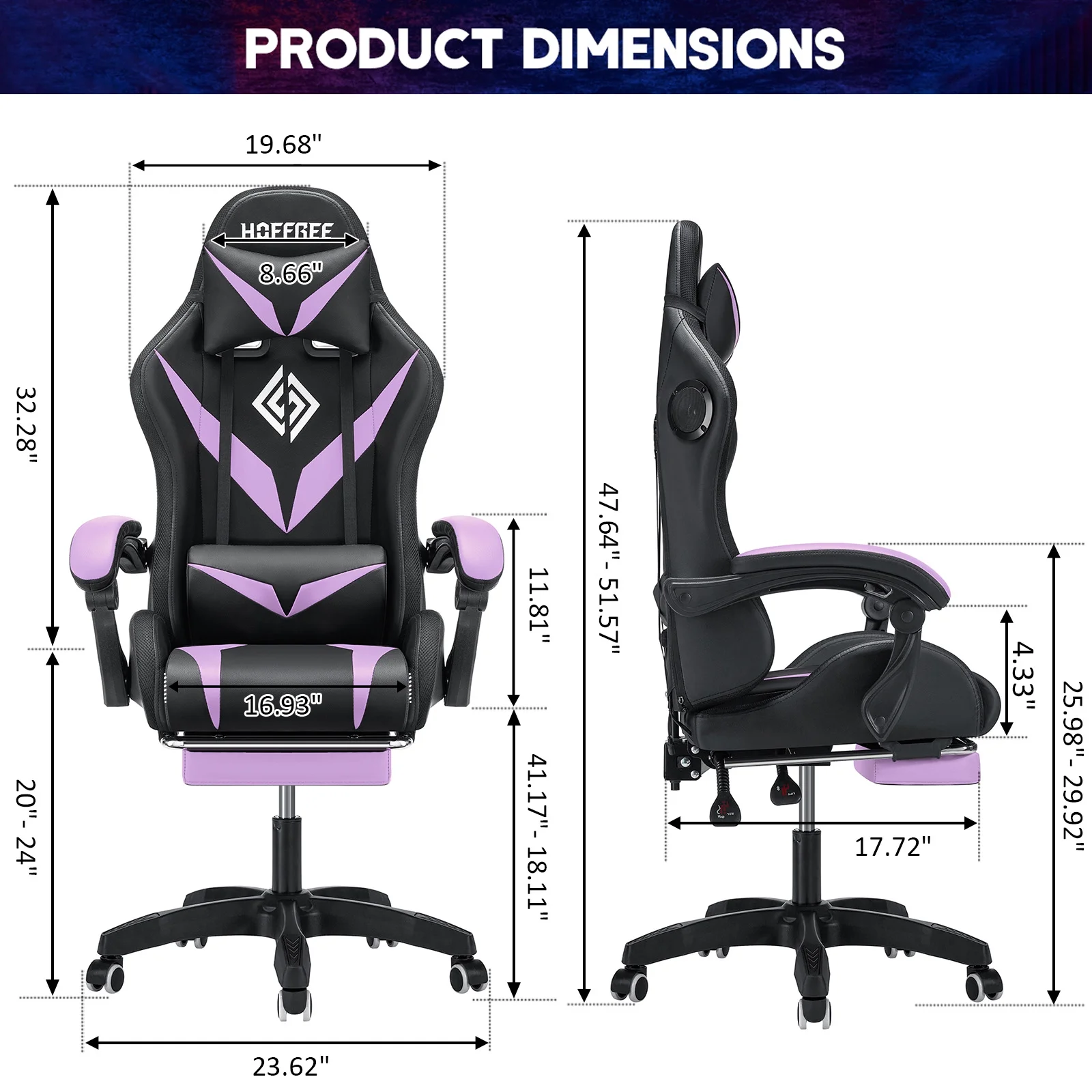 Hoffree Gaming Chair with Speakers PU Leather Office Chair with Footrest and LED Lights Ergonomic Gamer Chair with Massage Lumbar Support and Headrest Adjustable Swivel for Home Office 300lb