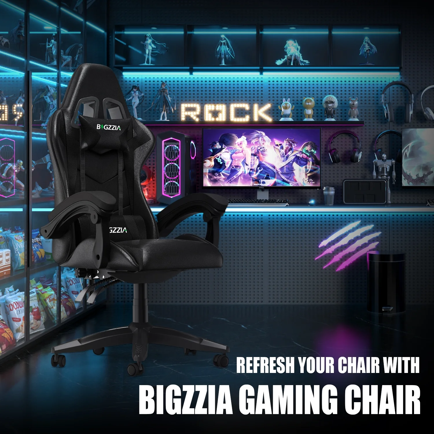 Bigzzia Gaming Chair Office Chair, Ergonomic Game Chair with Height Adjustable Headrest and Lumbar Support for Adults Teens, Black & White