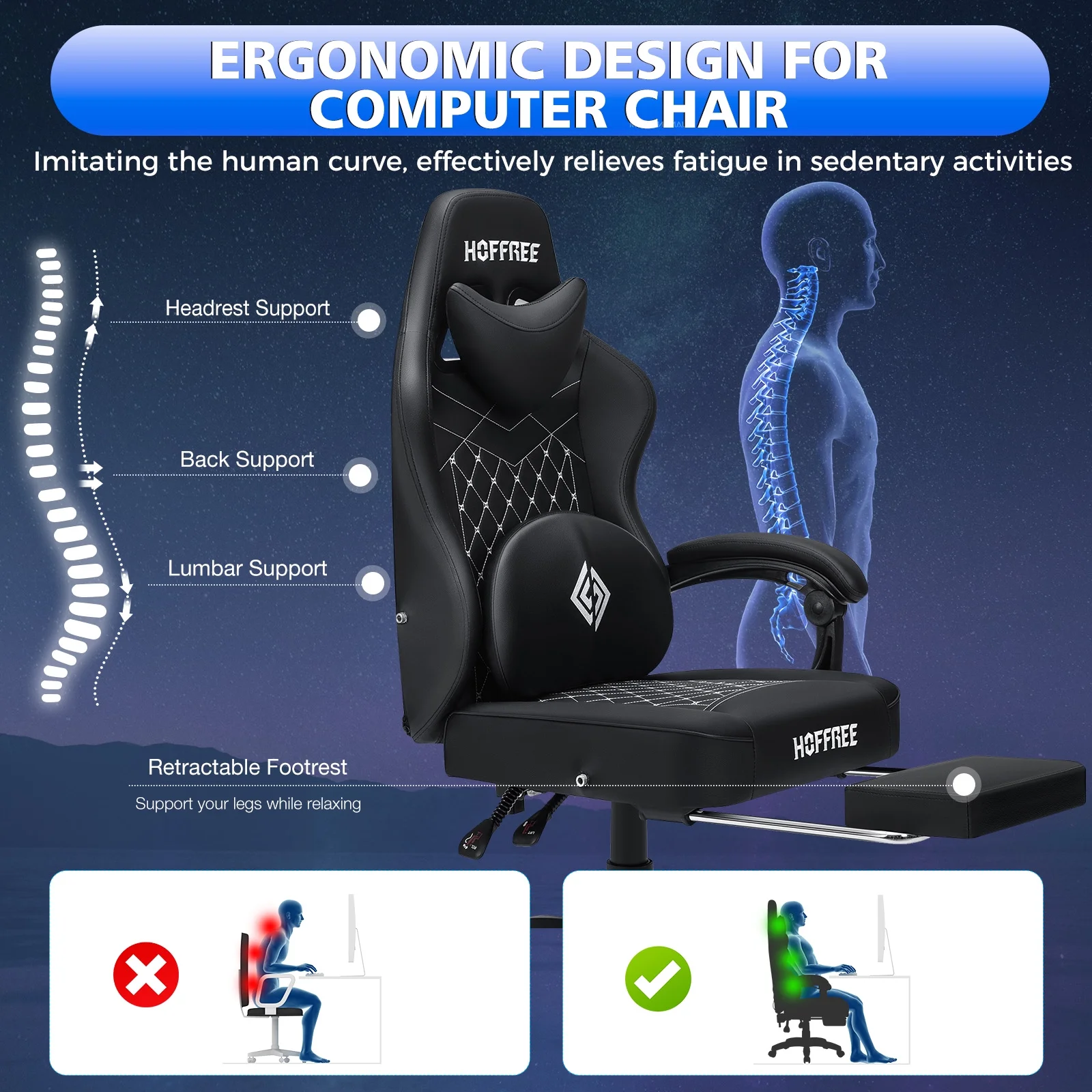 Hoffree Gaming Chair with Speakers PU Gamer Chair with footrest and massage Egonomic Computer Game Chair with Headrest and Lumbar Support for Adults and Office Gaming, 440 LBS