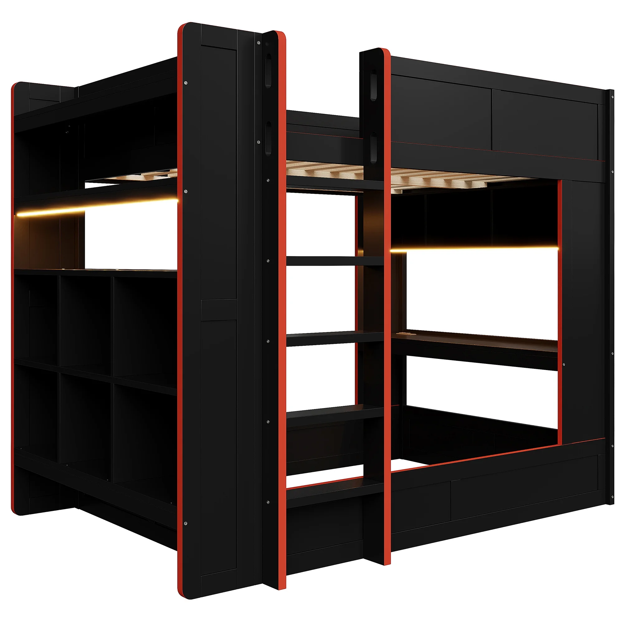 Euroco Wood Full Size Loft Bed with Desk and Shelves, Gaming Bunk Bed with LED Light and USB Charging, Black