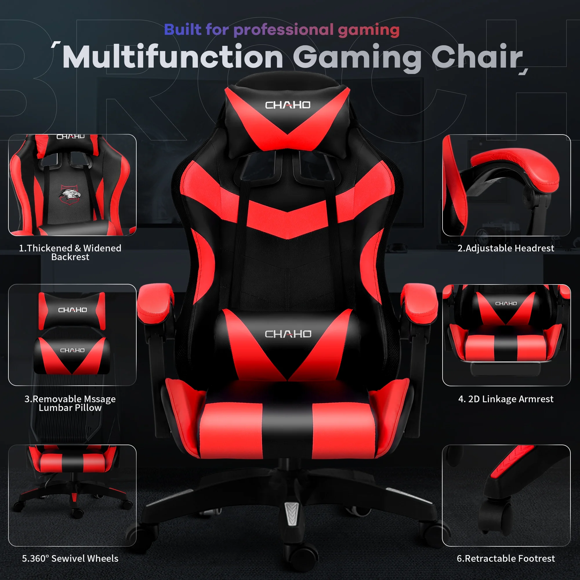 Ergonomic Gaming Chair, CHAHO Gaming Chair with Speaker & LED Lights, Computer Racing Chair for Adults, PU Leather Office Chair with Footrest Lumbar Support Headrest, Red