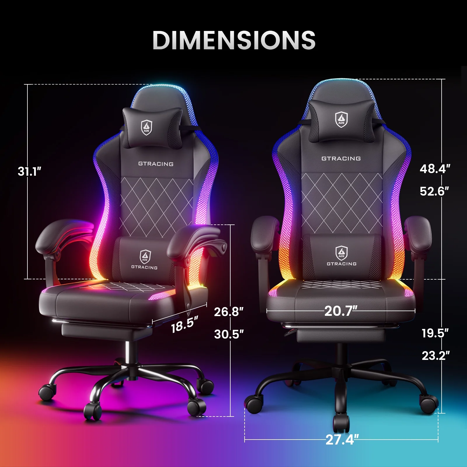 GTRACING RGB Ergonomic Gaming Chair with Massage, LED Lights, Footrest, Lumbar Support and Backrest, Black