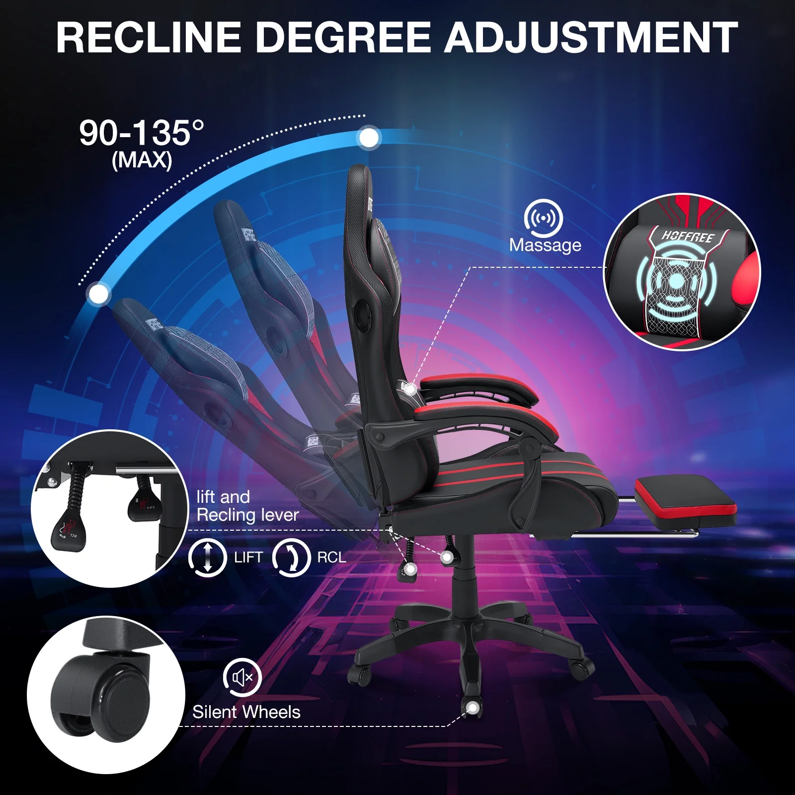 HOFFREE Big and Tall Gaming Chair with Speakers and RGB Lights, Gamer Chair with Footrest, Lumbar Support Height Adjustable 360-Swivel Seat and Headrest for Adults, 400lbs