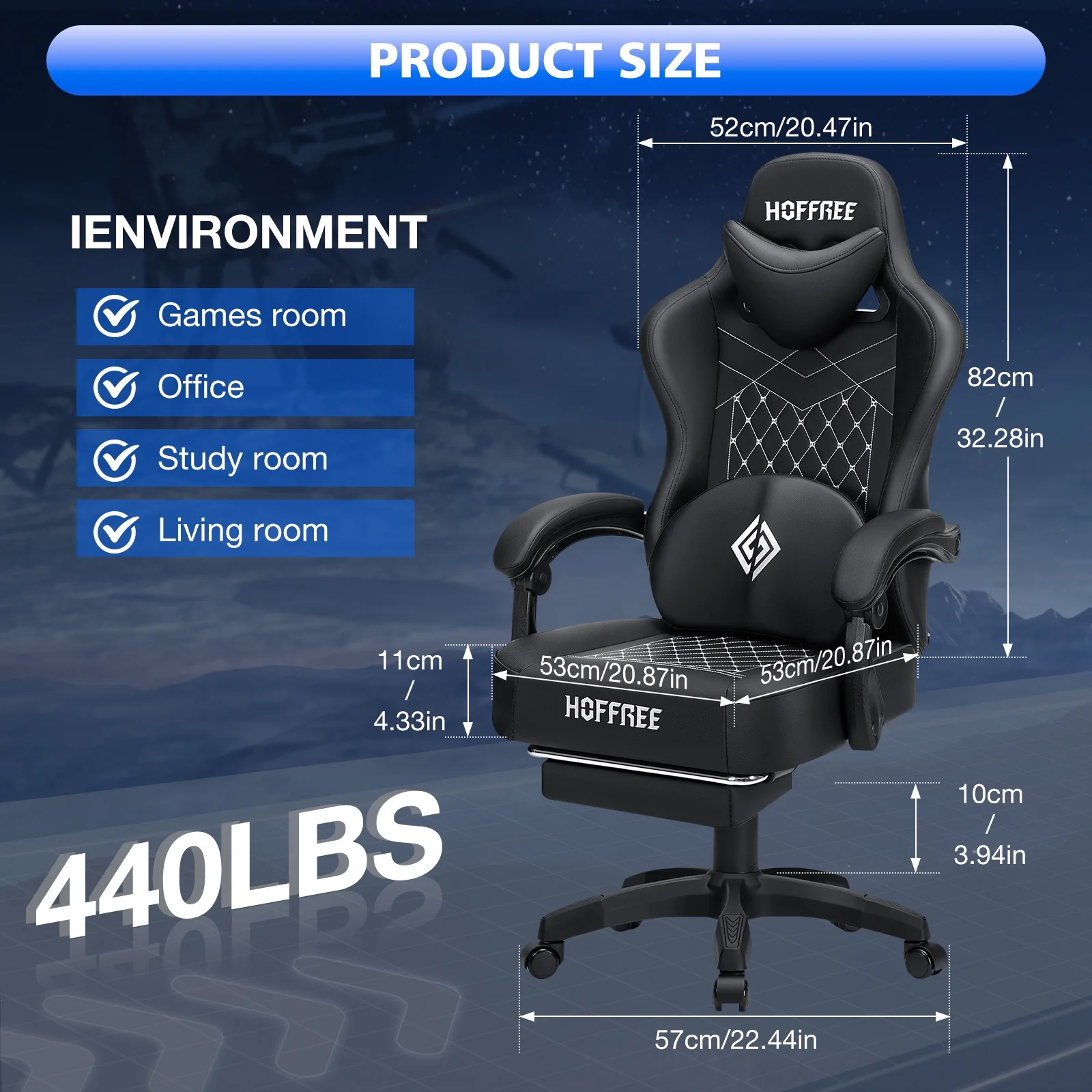 Hoffree Gaming Chair with Speakers PU Gamer Chair with footrest and massage Egonomic Computer Game Chair with Headrest and Lumbar Support for Adults and Office Gaming, 440 LBS