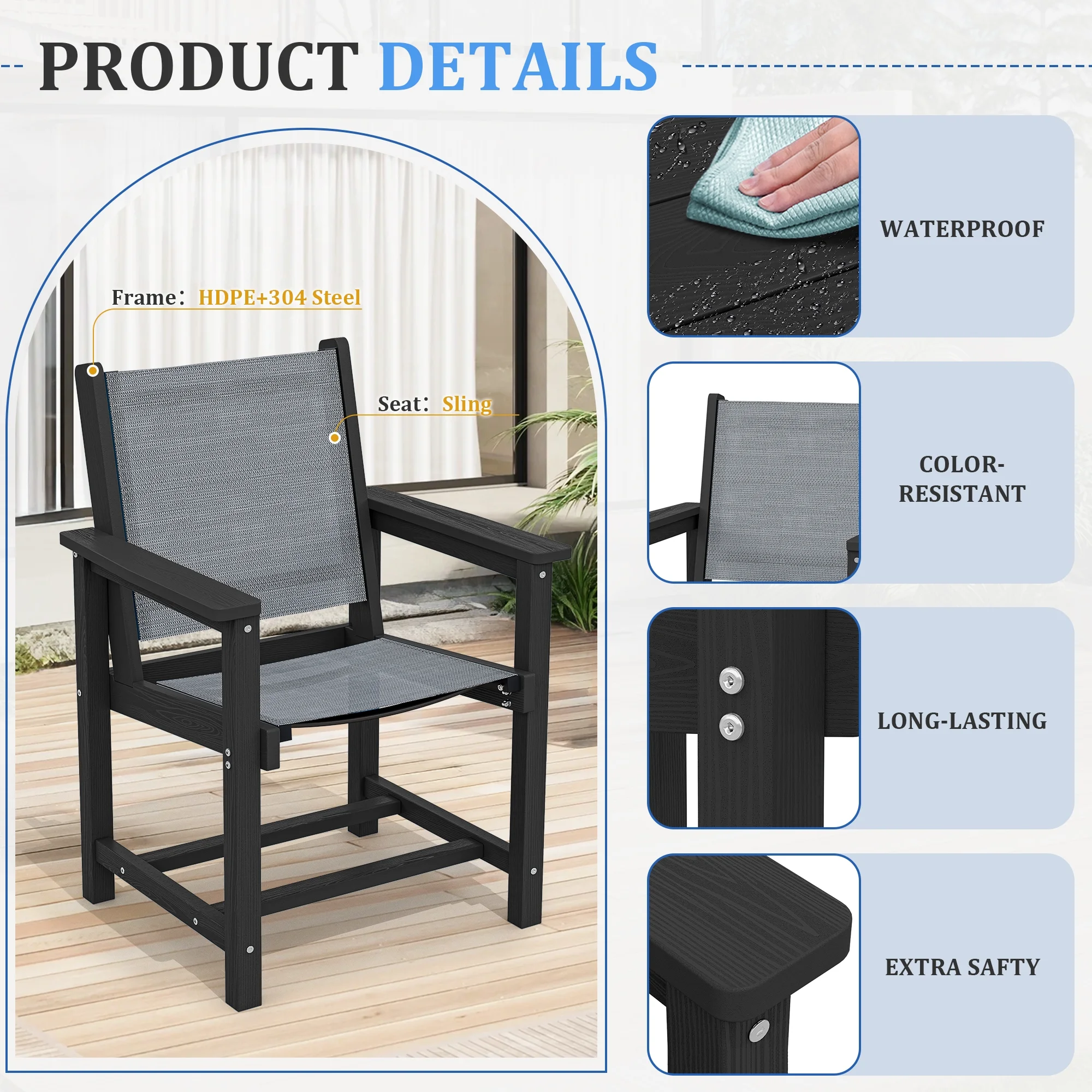 SERWALL Outdoor HDPE Dining Table Set, 7-Piece Outdoor Dining Table Sets with Umbrella Hole, Grey