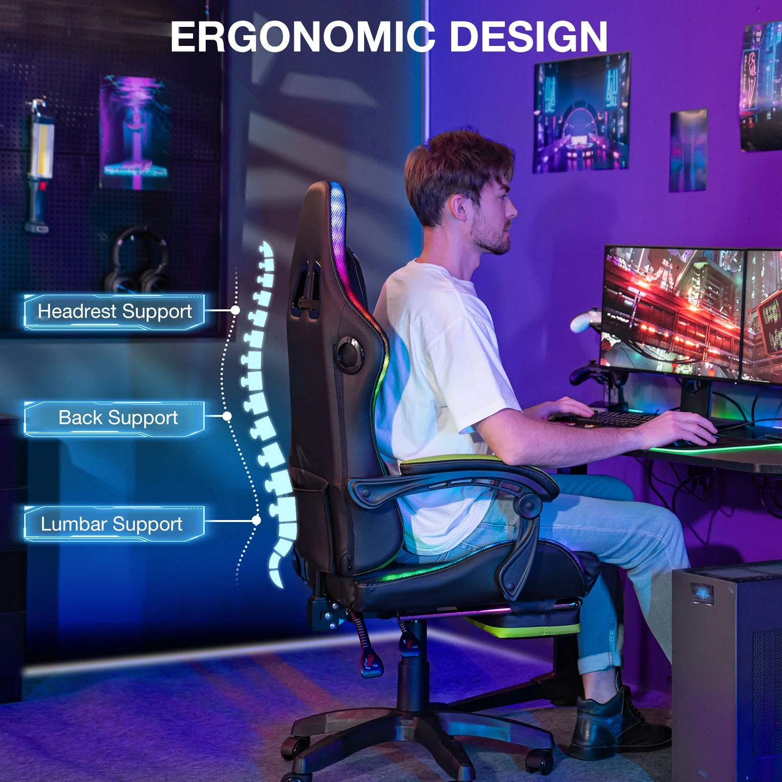 HOFFREE Big and Tall Gaming Chair with Speakers and RGB Lights, Gamer Chair with Footrest, Lumbar Support Height Adjustable 360-Swivel Seat and Headrest for Adults, 400lbs