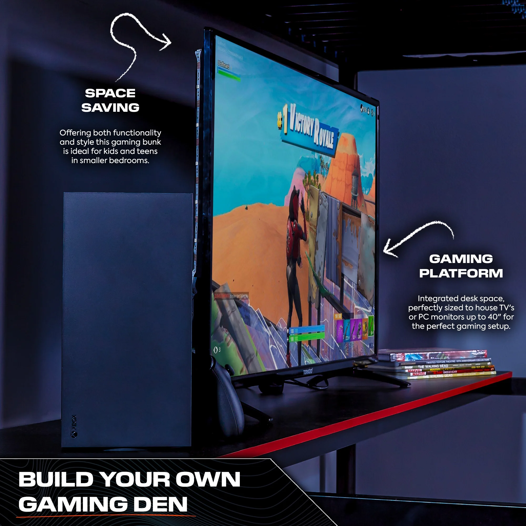 X Rocker HQ Gaming Bunk Bed with LED Lighting, Black, Twin