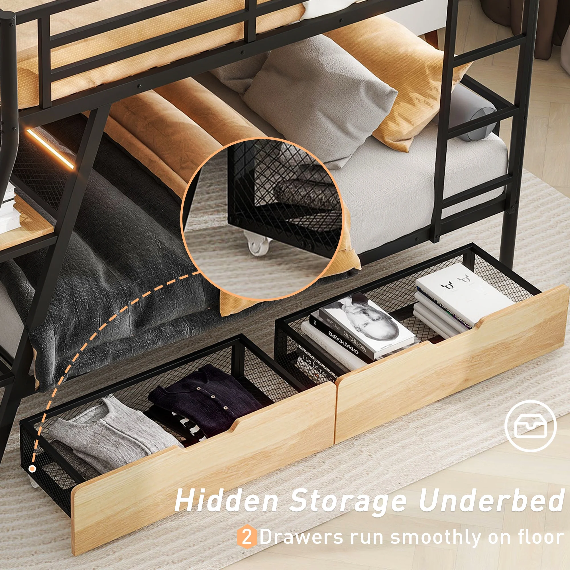 Kumix Gaming Bunk Bed with Desk, LED Light, Full over Full Bunk Bed with 2 Drawers, Ladder and Full Length Guardrail for Teens and Adults, Metal Full Size Bunk Bed Frame for Bedroom, Black