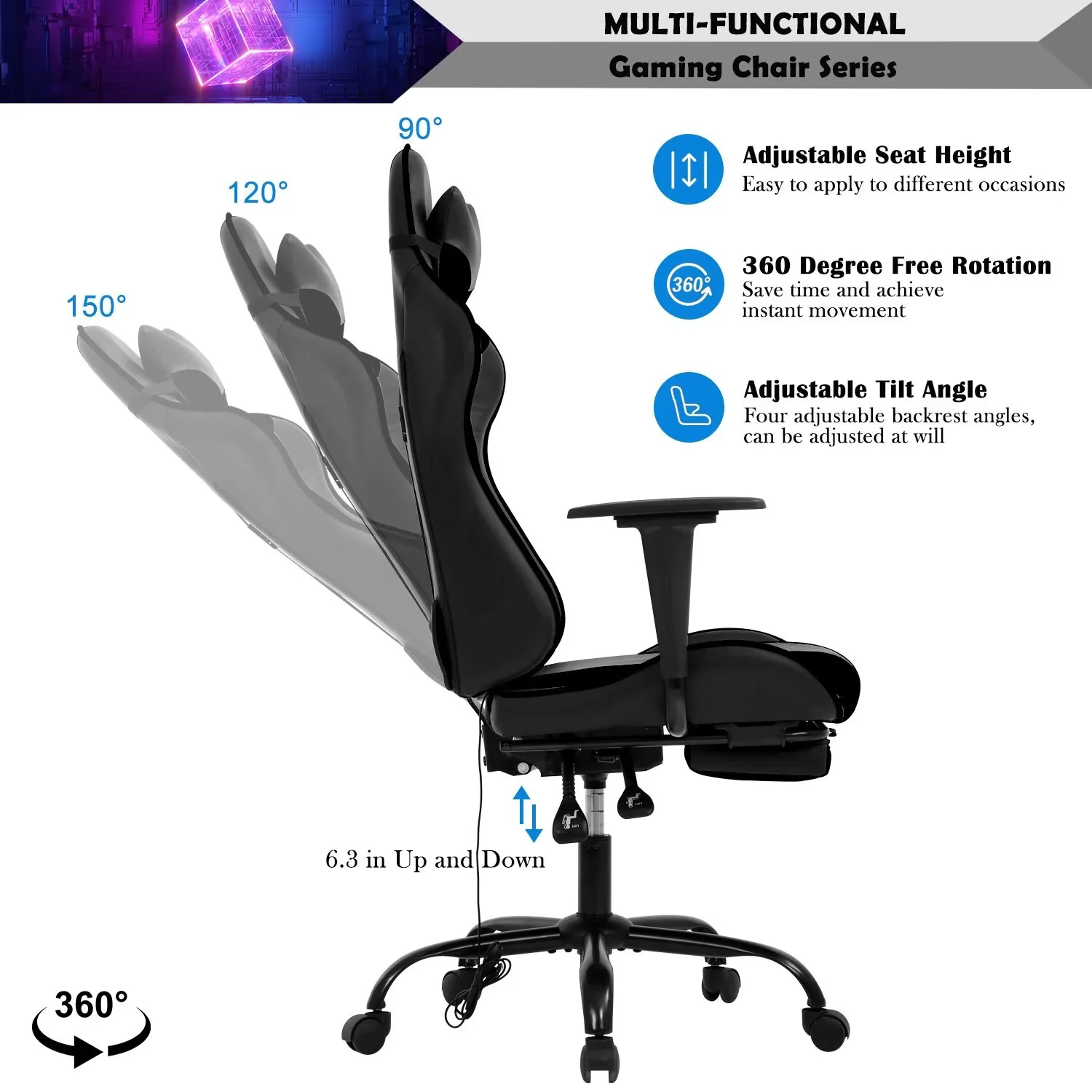 YRLLENSDAN,Gaming Chairs for Adults,Ergonomic Gaming Chair,Desk Chair with Foot Rest,Adjustable,Waist Massage Function,Pu Leather,Black