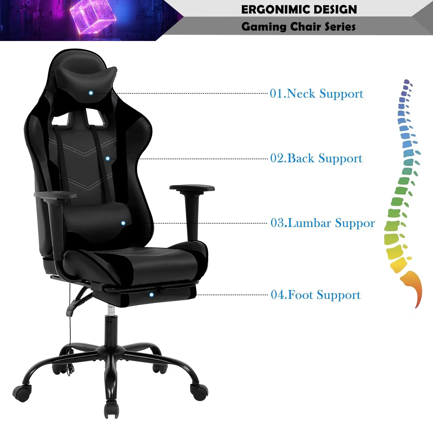 YRLLENSDAN,Gaming Chairs for Adults,Ergonomic Gaming Chair,Desk Chair with Foot Rest,Adjustable,Waist Massage Function,Pu Leather,Black
