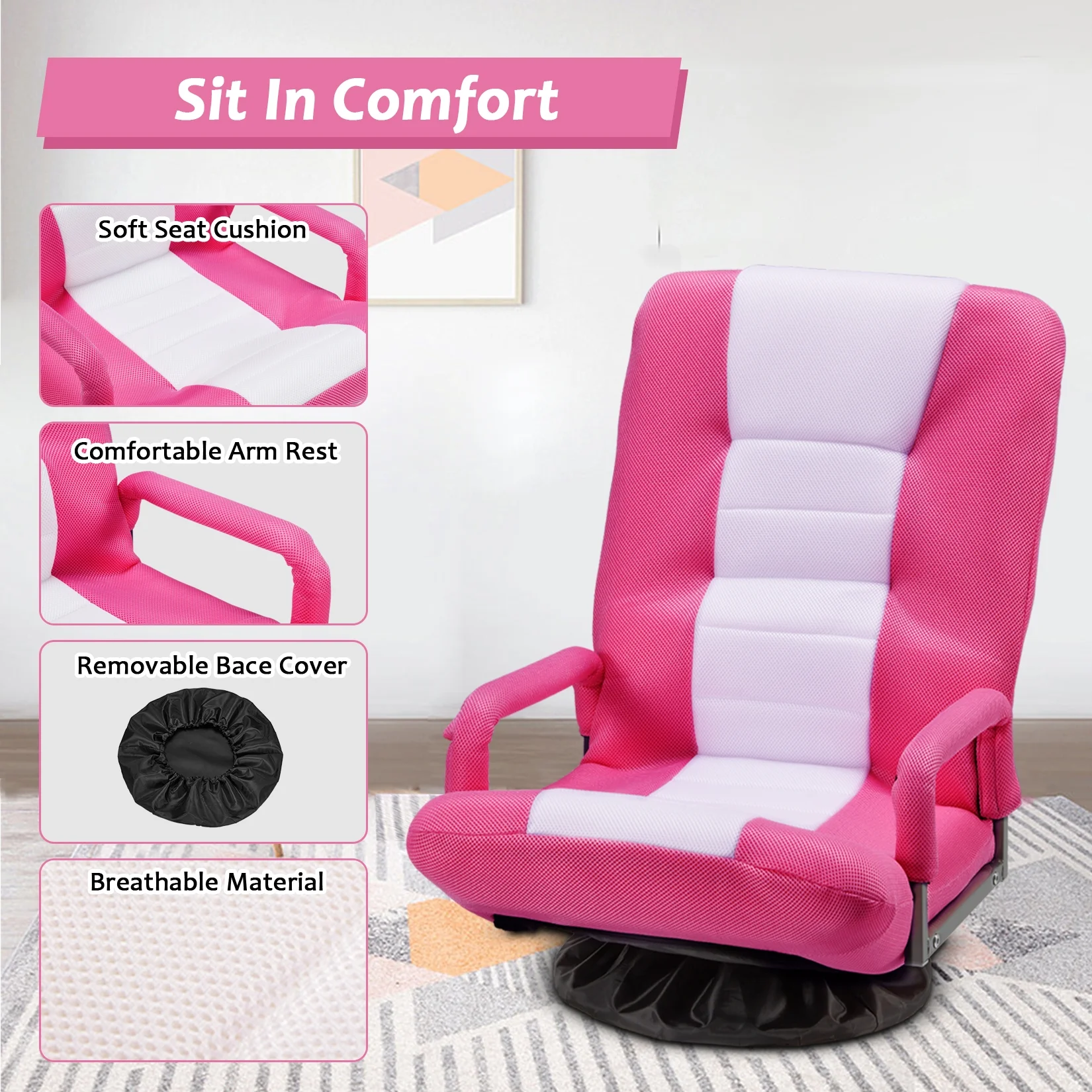 Avocahom Swivel Gaming Floor Chair w/ Armrest Handles, No Assembly gaming chair rocker, Folding Reclining Sofa w/6 Position Adjustable Backrest for Video Games, Watching TV, Reading,Blue