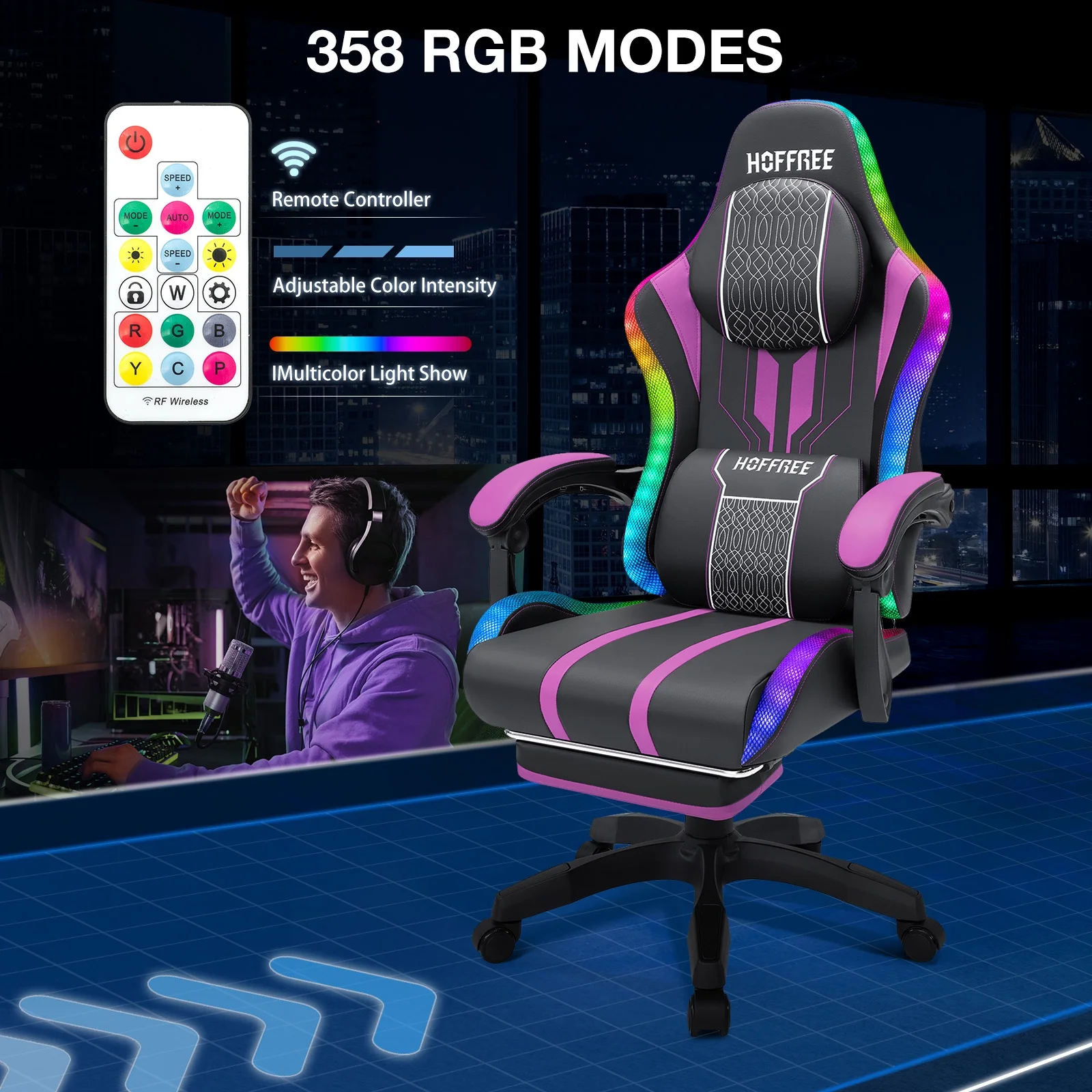 HOFFREE Big and Tall Gaming Chair with Speakers and RGB Lights, Gamer Chair with Footrest, Lumbar Support Height Adjustable 360-Swivel Seat and Headrest for Adults, 400lbs