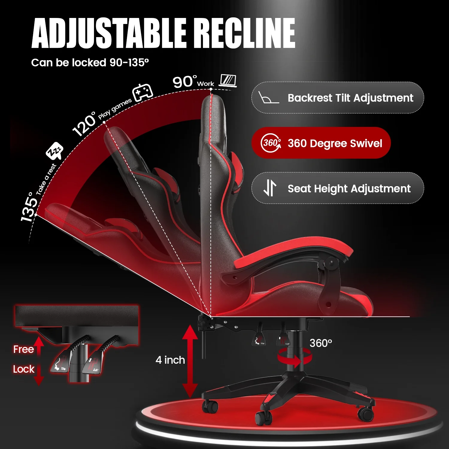 Bigzzia Gaming Chair Office Chair, Ergonomic Game Chair with Height Adjustable Headrest and Lumbar Support for Adults Teens, Black & White