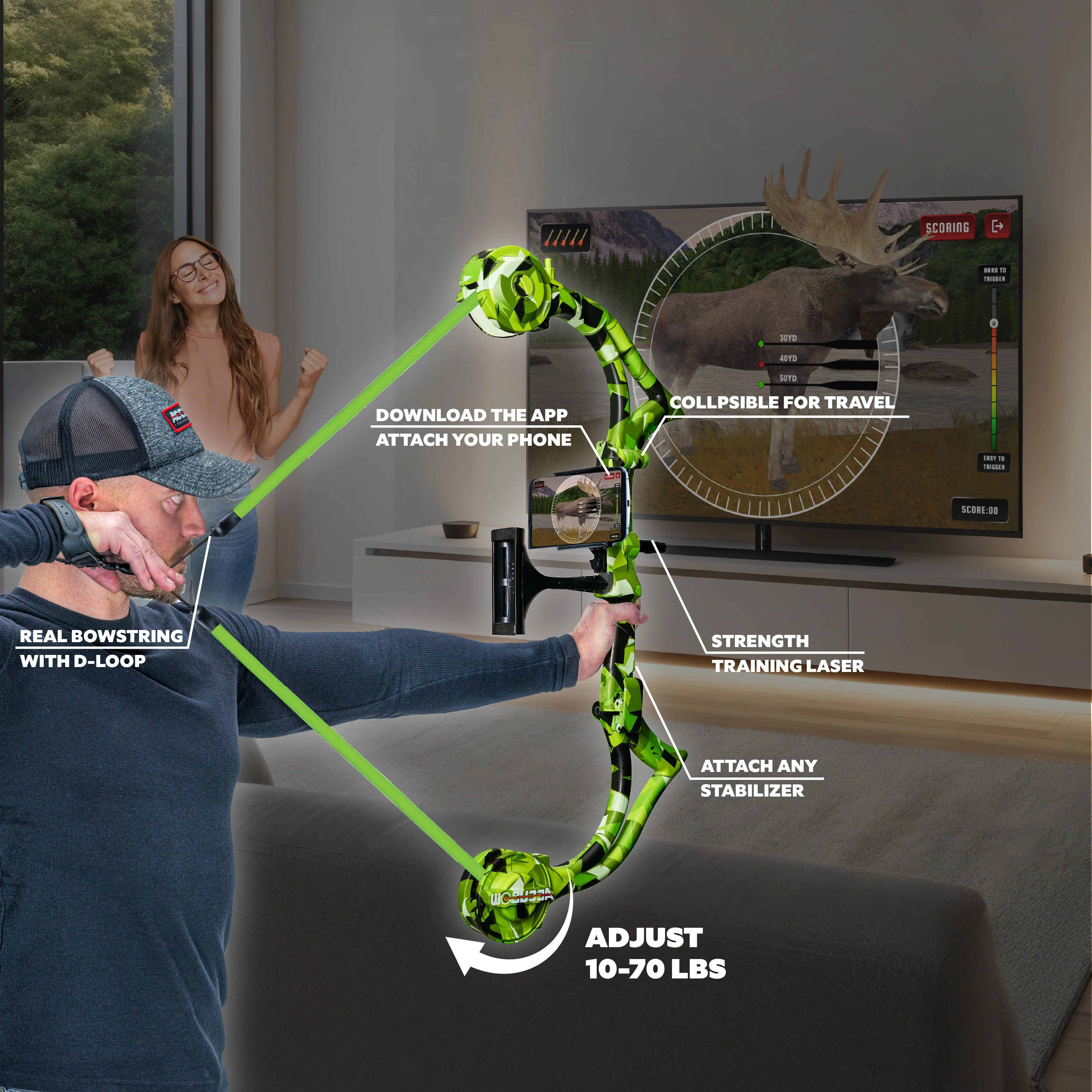 AccuBow 2.0 Carbon Fiber Virtual Archery Gaming & Shooting, 10�C70lbs Adjustable Resistance, Real Bowstring & D-Loop, Phone Mount Included, Ambidextrous, Foldable Design