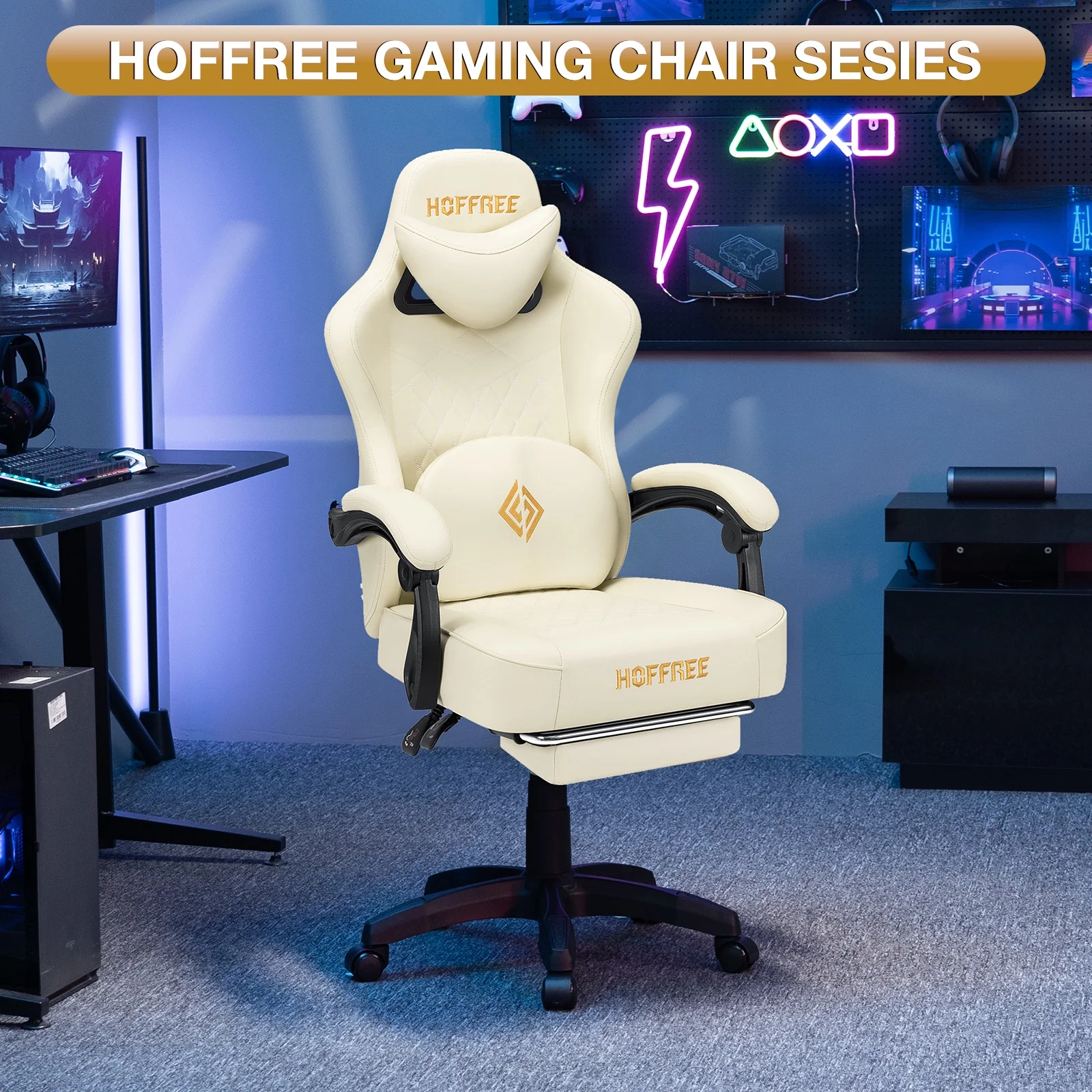 Hoffree Gaming Chair with Speakers PU Gamer Chair with footrest and massage Egonomic Computer Game Chair with Headrest and Lumbar Support for Adults and Office Gaming, 440 LBS