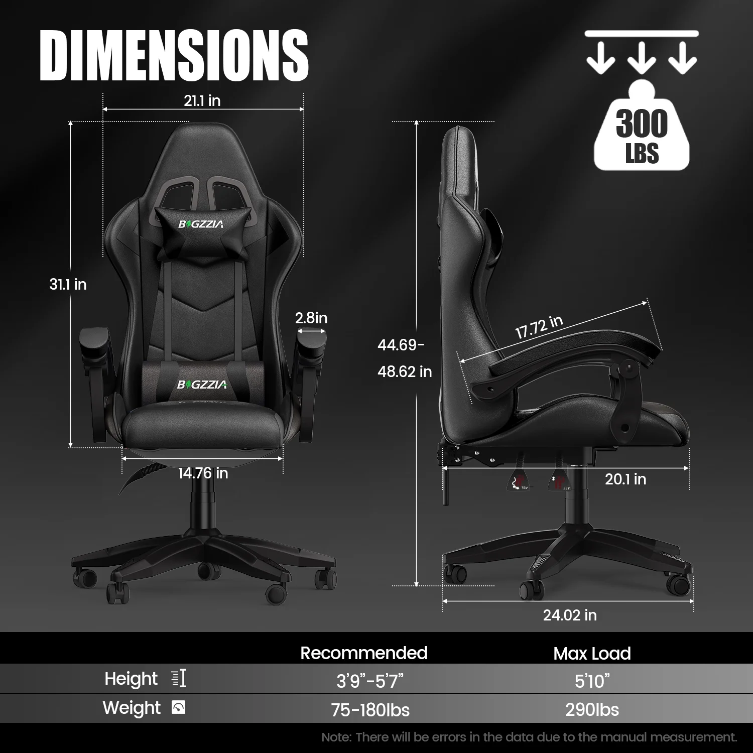 Bigzzia Gaming Chair Office Chair, Ergonomic Game Chair with Height Adjustable Headrest and Lumbar Support for Adults Teens, Black & White