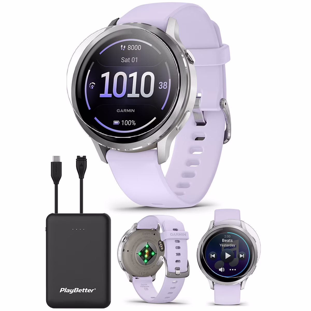 Garmin Bounce 2 (Light Purple) Kids GPS Smartwatch Bundle with PlayBetter Portable Charger & HD Screen Protectors