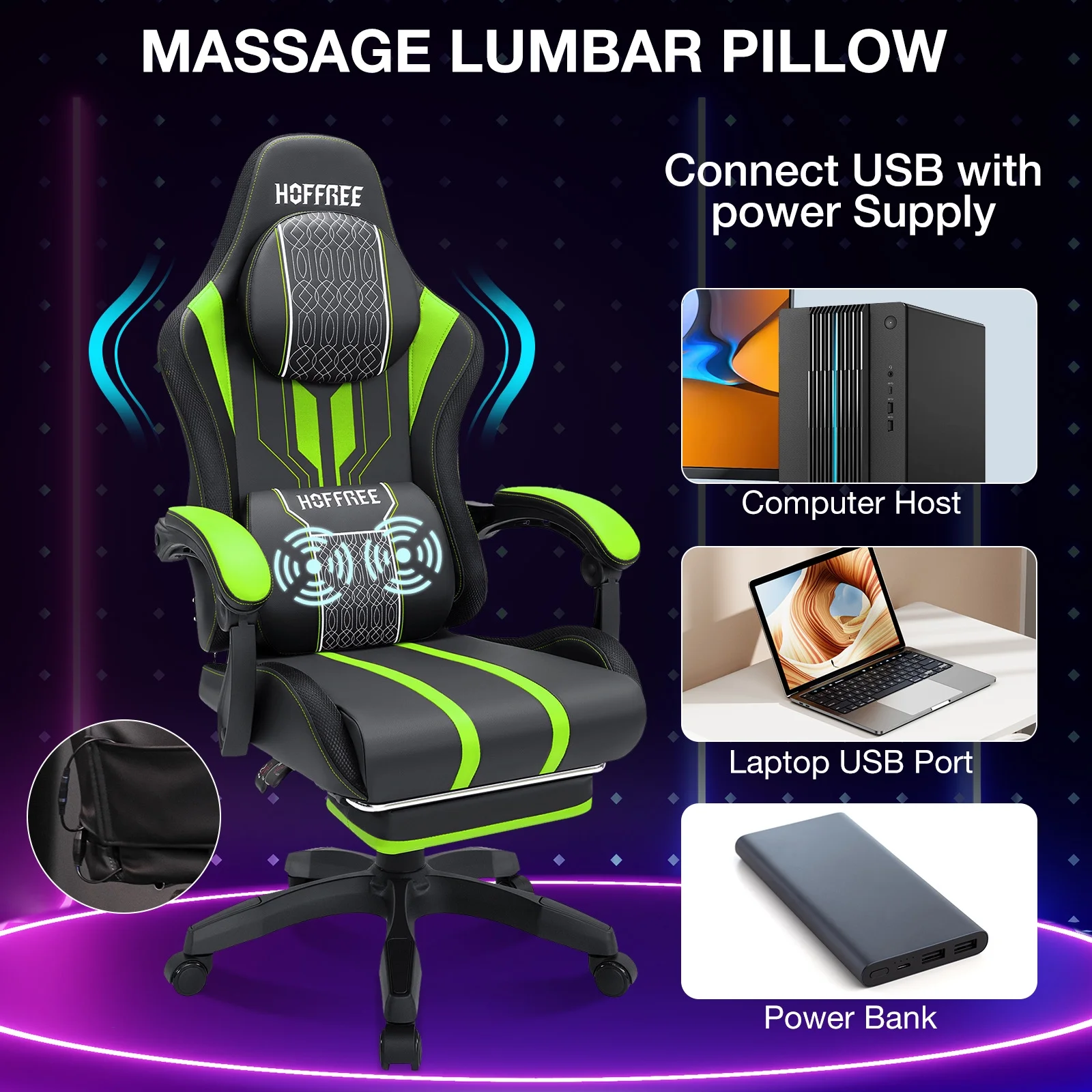 HOFFREE Big and Tall Gaming Chair with Speakers and RGB Lights, Gamer Chair with Footrest, Lumbar Support Height Adjustable 360-Swivel Seat and Headrest for Adults, 400lbs