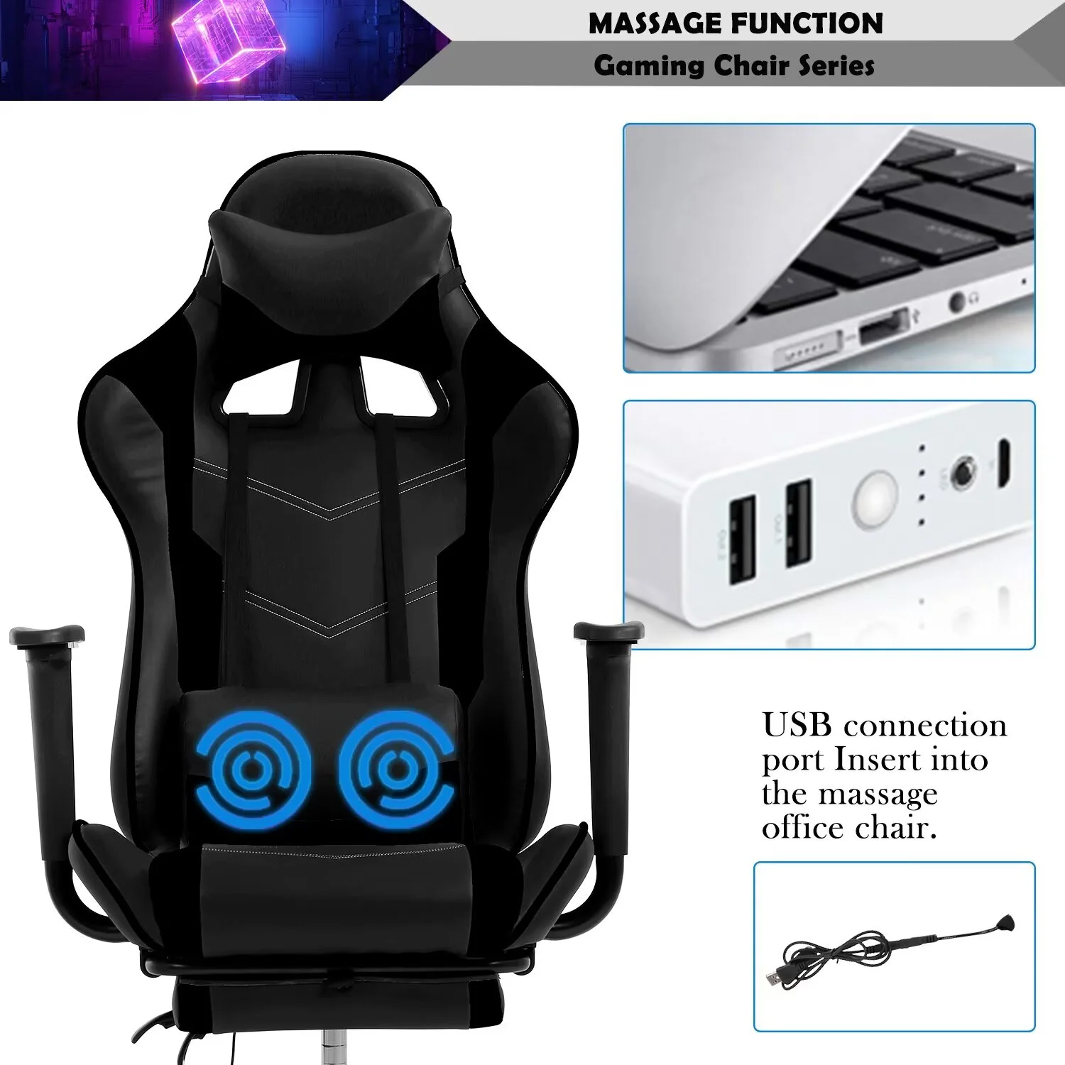 YRLLENSDAN,Gaming Chairs for Adults,Ergonomic Gaming Chair,Desk Chair with Foot Rest,Adjustable,Waist Massage Function,Pu Leather,Black