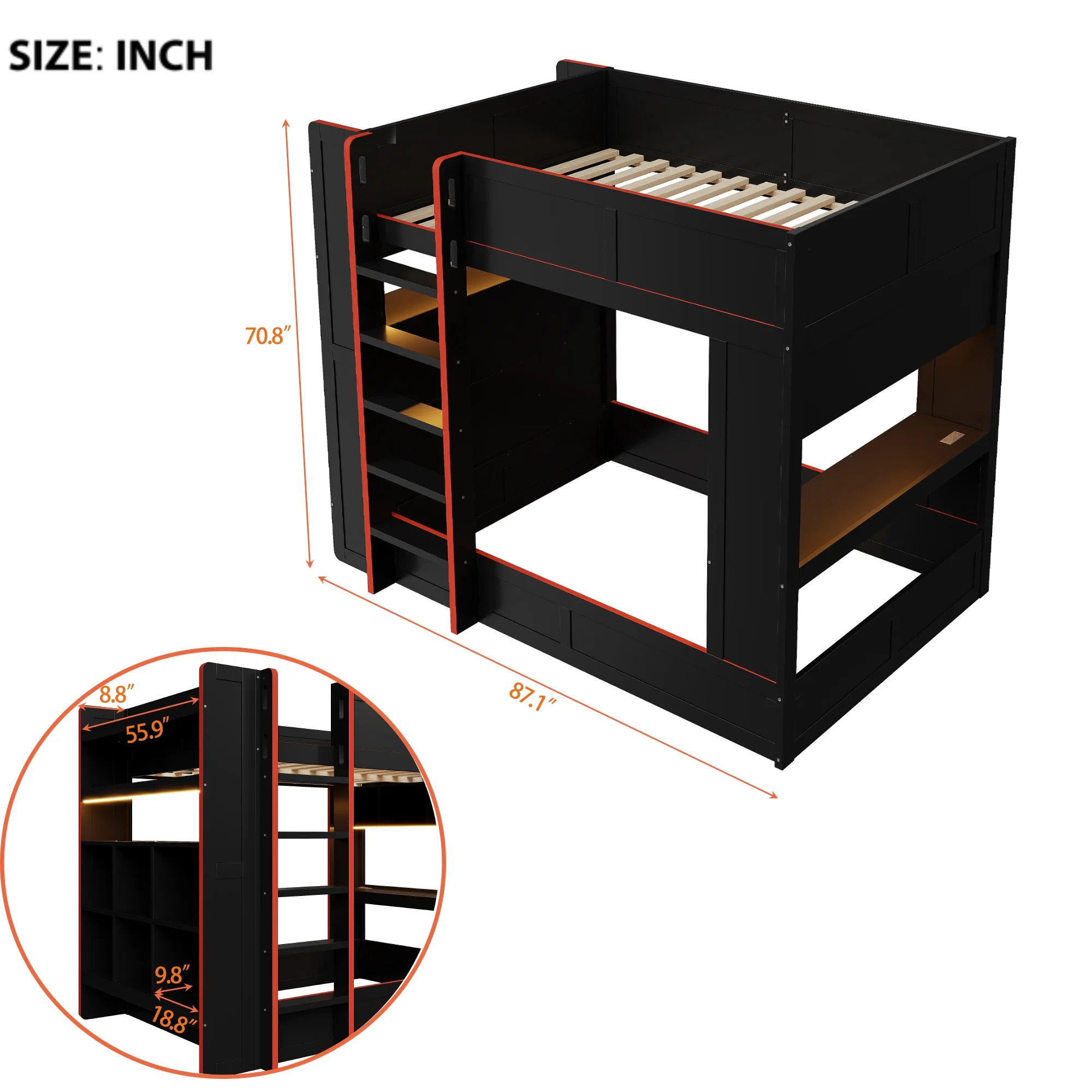Euroco Wood Full Size Loft Bed with Desk and Shelves, Gaming Bunk Bed with LED Light and USB Charging, Black