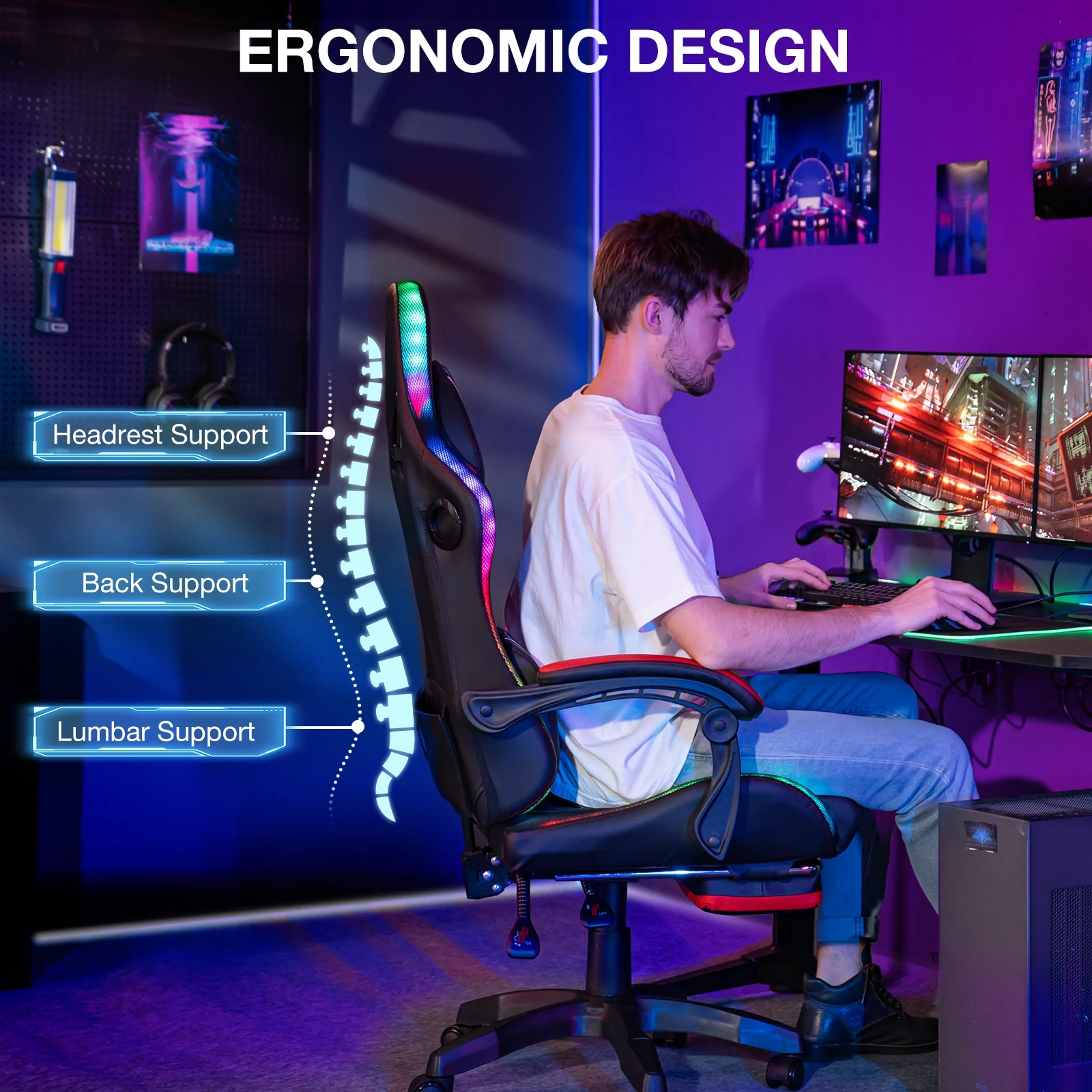 HOFFREE Big and Tall Gaming Chair with Speakers and RGB Lights, Gamer Chair with Footrest, Lumbar Support Height Adjustable 360-Swivel Seat and Headrest for Adults, 400lbs