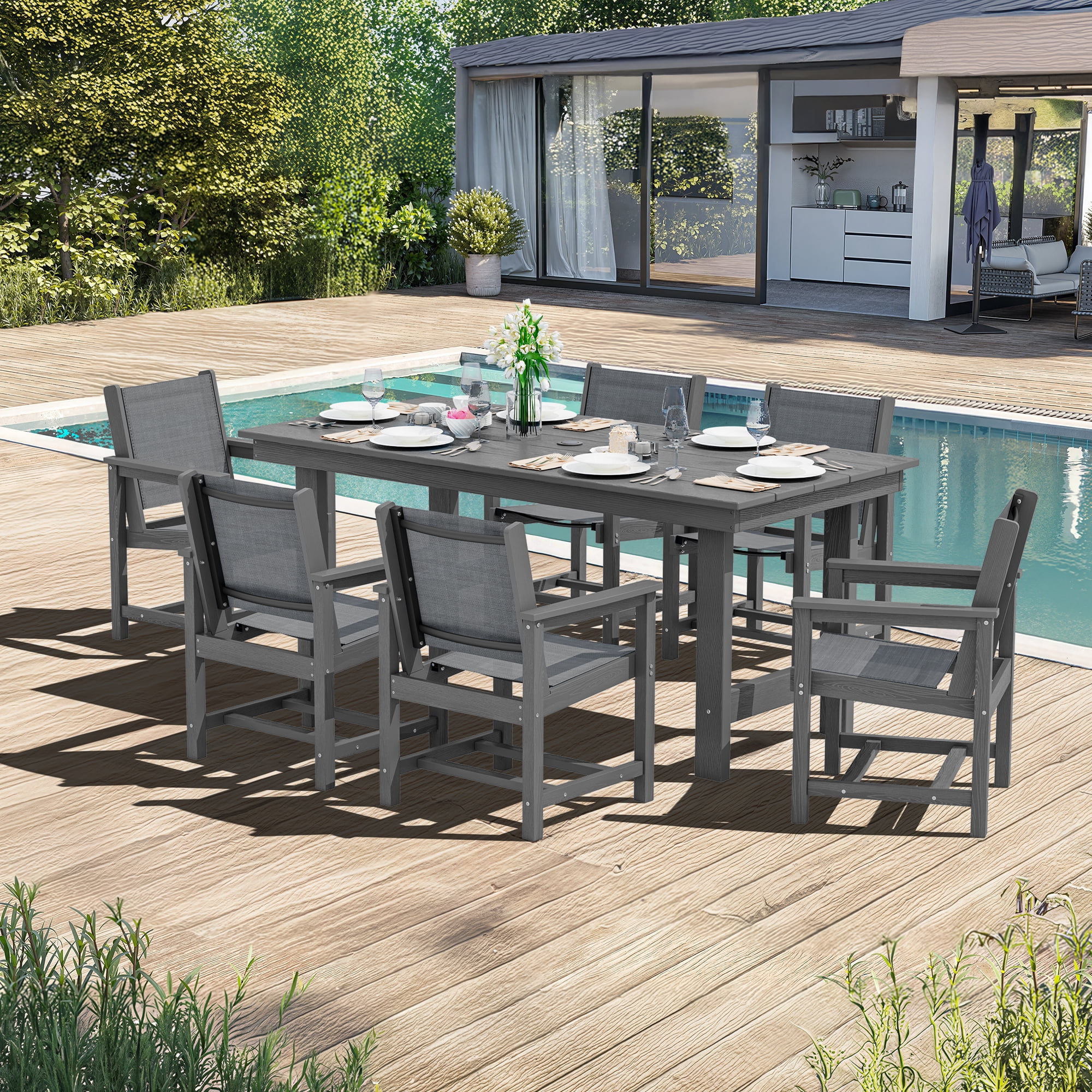 SERWALL Outdoor HDPE Dining Table Set, 7-Piece Outdoor Dining Table Sets with Umbrella Hole, Grey