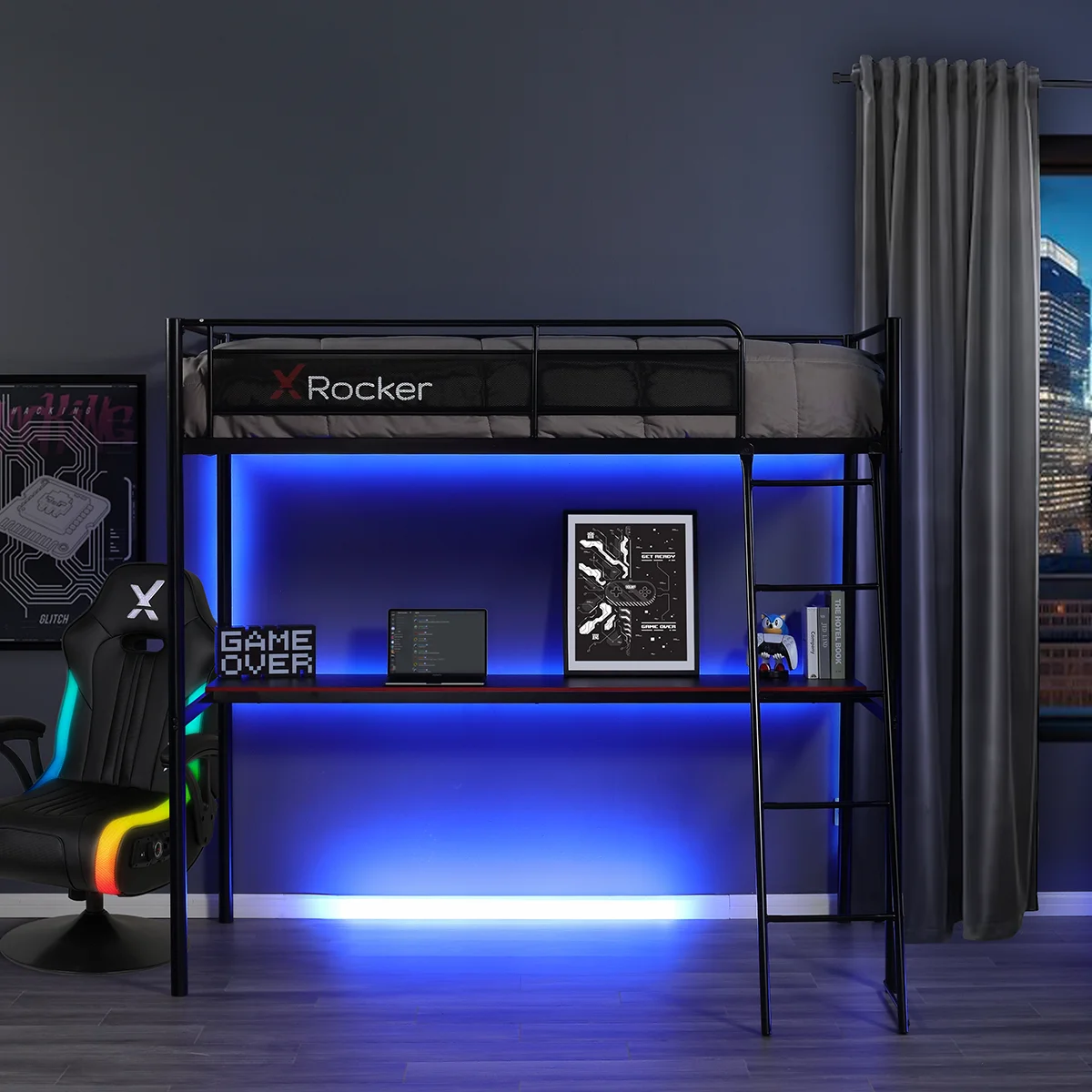 X Rocker HQ Gaming Bunk Bed with LED Lighting, Black, Twin