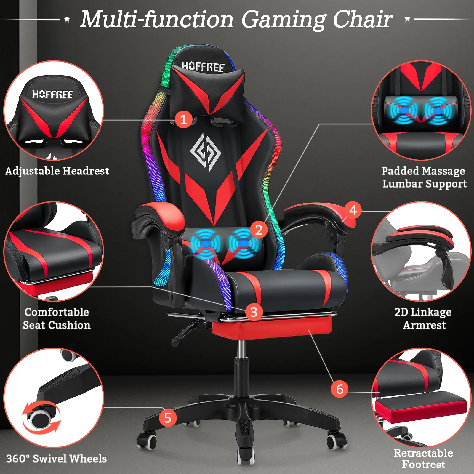 Hoffree Gaming Chair with Speakers PU Leather Office Chair with Footrest and LED Lights Ergonomic Gamer Chair with Massage Lumbar Support and Headrest Adjustable Swivel for Home Office 300lb