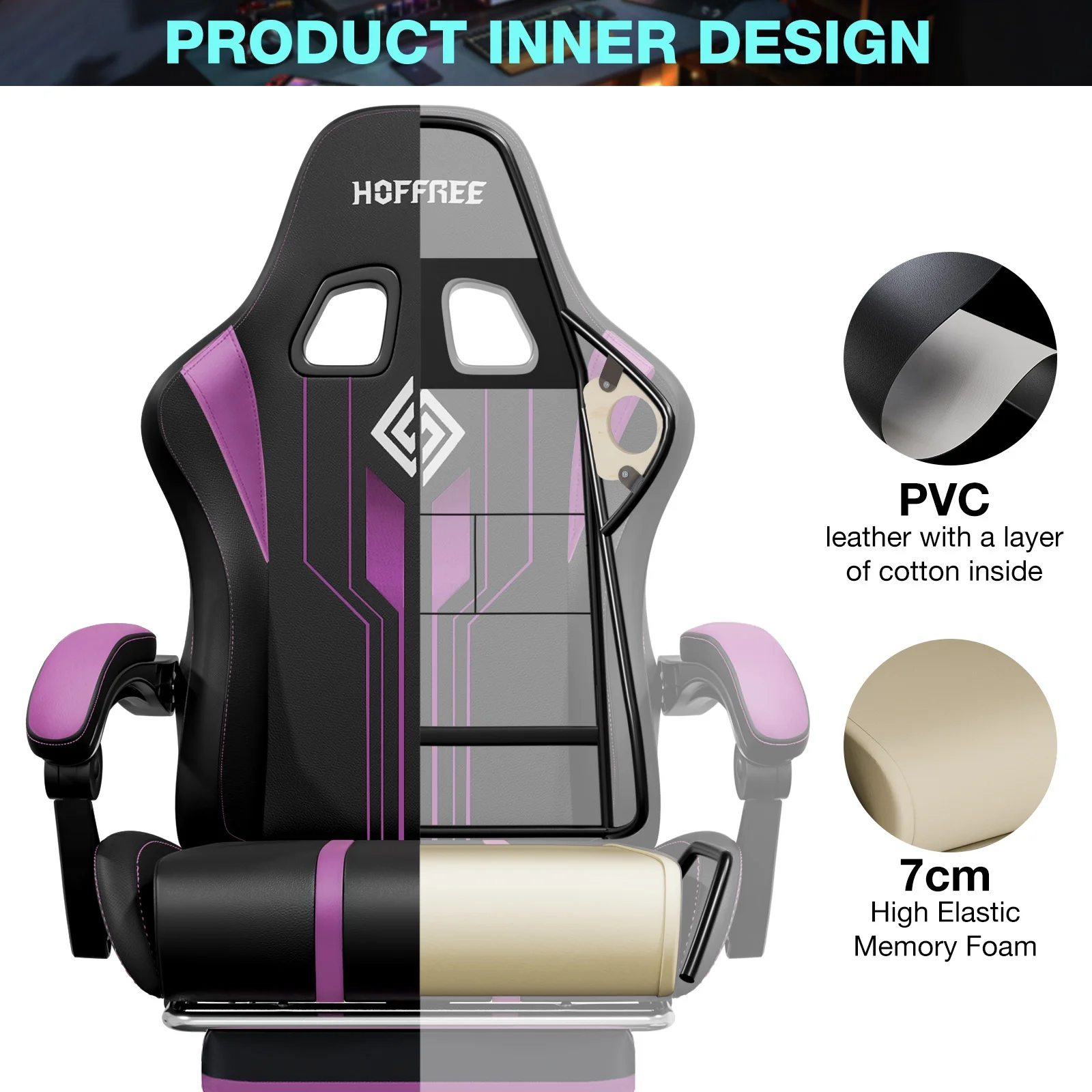 HOFFREE Big and Tall Gaming Chair with Speakers and RGB Lights, Gamer Chair with Footrest, Lumbar Support Height Adjustable 360-Swivel Seat and Headrest for Adults, 400lbs