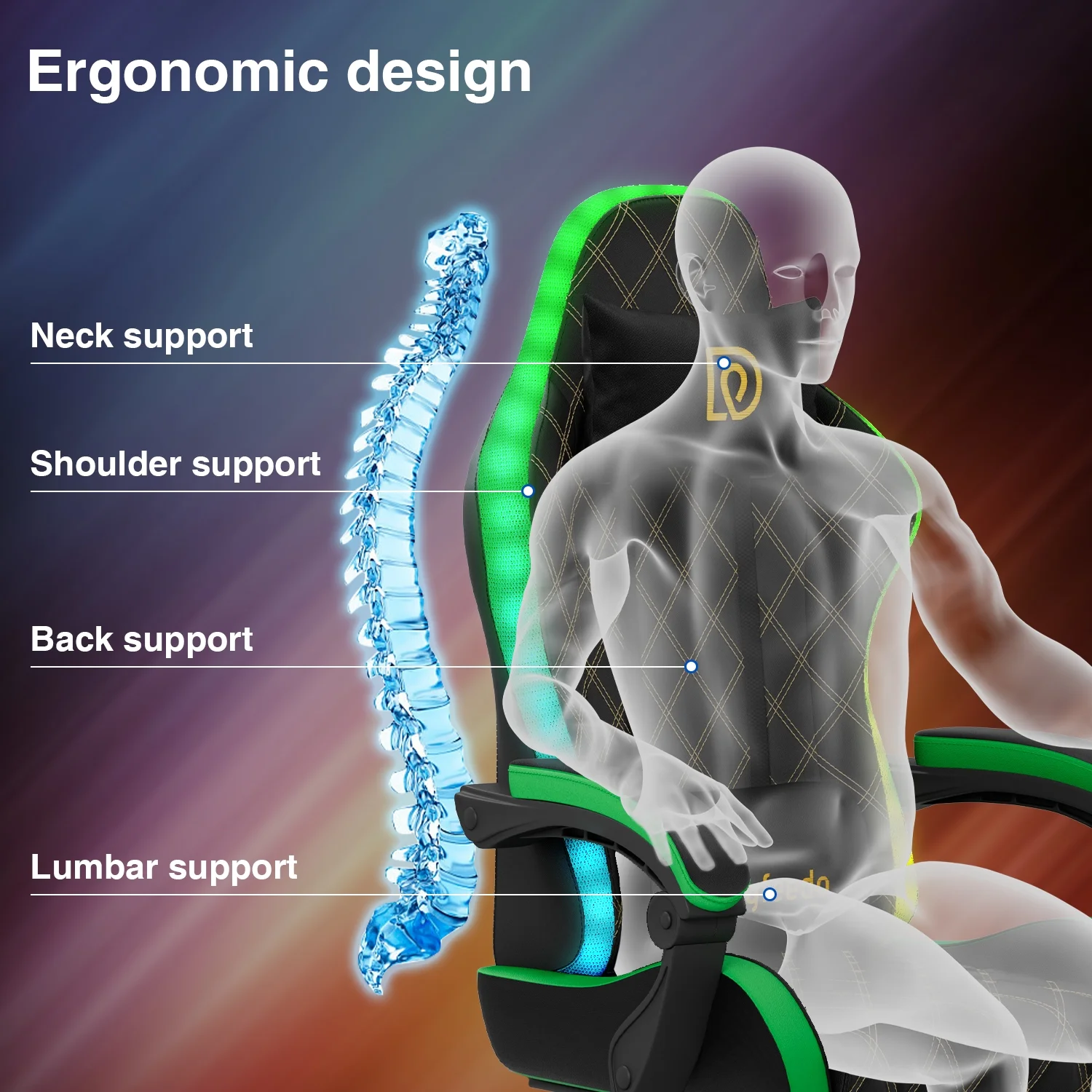Dryfeedo Gaming Chair with LED Lights, Ergonomic Computer Chair with Lumbar Support, Adjustable Headrest & Footrest, Green