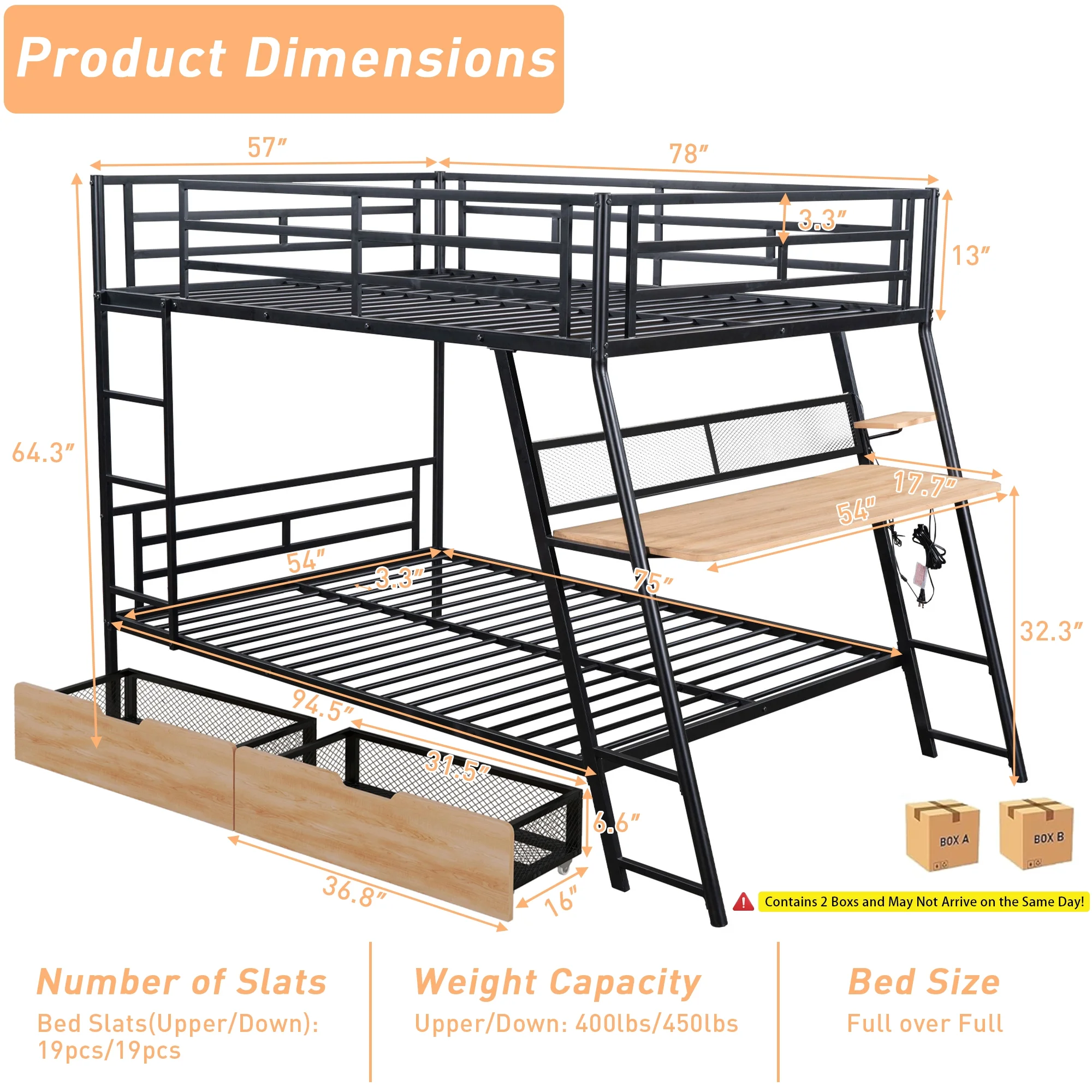 Kumix Gaming Bunk Bed with Desk, LED Light, Full over Full Bunk Bed with 2 Drawers, Ladder and Full Length Guardrail for Teens and Adults, Metal Full Size Bunk Bed Frame for Bedroom, Black