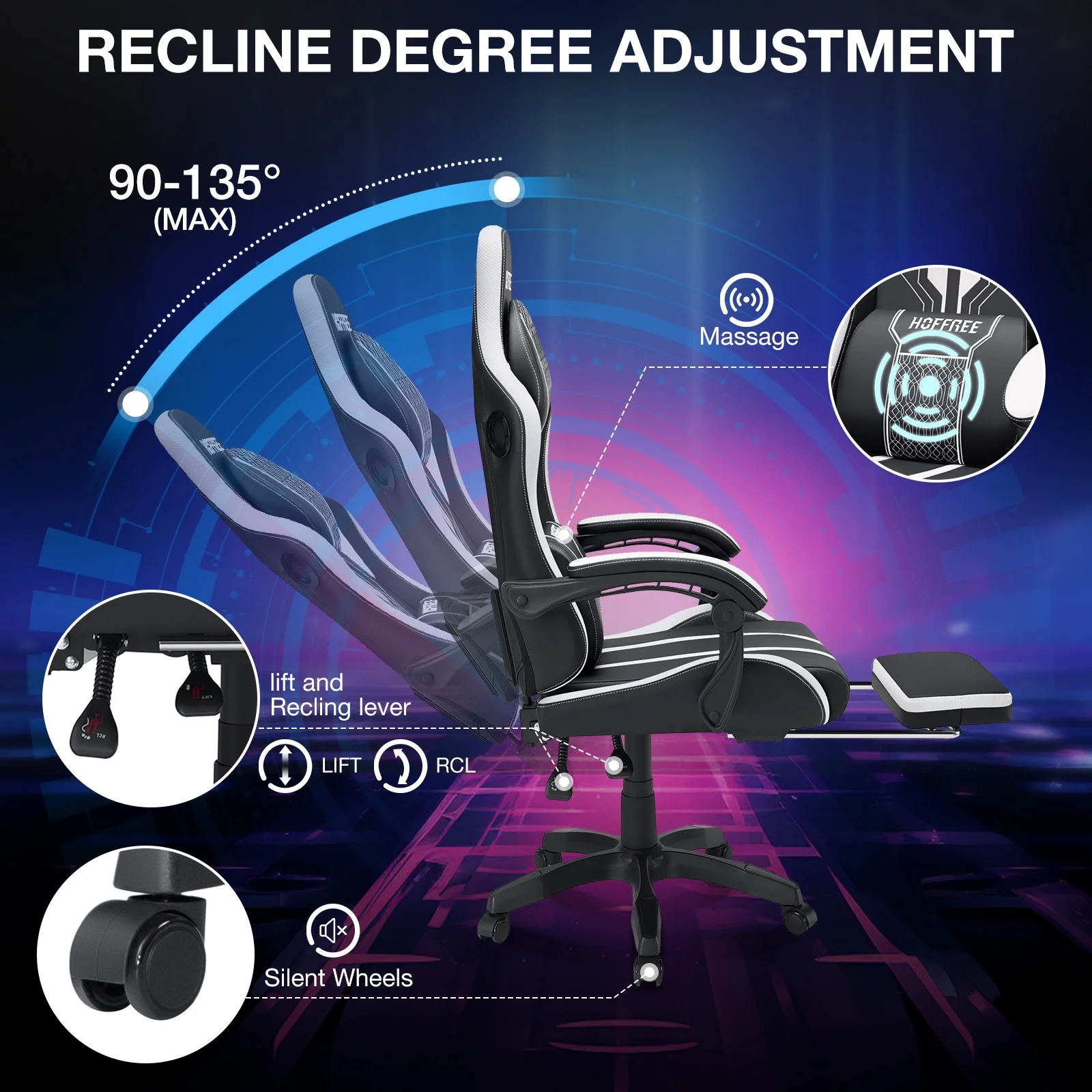 HOFFREE Big and Tall Gaming Chair with Speakers and RGB Lights, Gamer Chair with Footrest, Lumbar Support Height Adjustable 360-Swivel Seat and Headrest for Adults, 400lbs